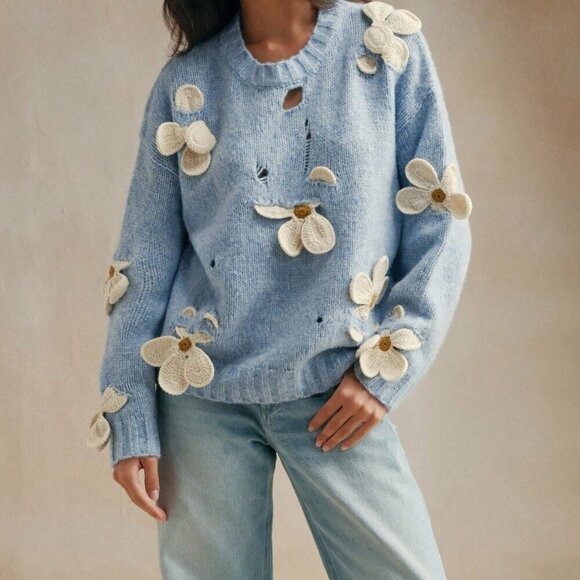 Blue Casual Women's Hand Crochet 3d Floral Decor Soft Round Neck Knitted Sweater - Picture 6 of 8